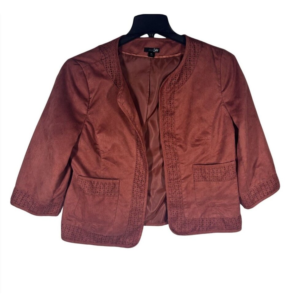 East 5th Womens XL‎ Rust Red Open Front Jacket With Embroidered Detail & Pockets